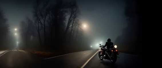 Cercles muraux Moto biker rides a custom chopper motorcycle at night along a road in the fog.
