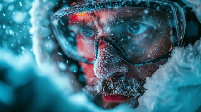 Close-up portrait of a mature Caucasian bearded man in winter clothes and goggles with frost on his ruddy frozen face. A fearless explorer and extreme tourist, he endures severe frost.