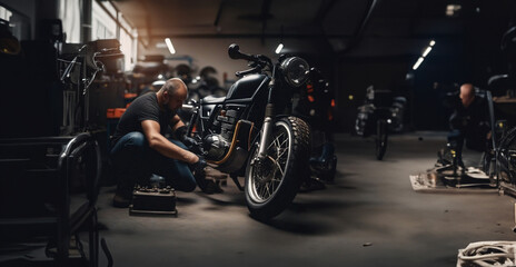 Fototapeta na wymiar repair and maintenance of a custom motorcycle in the service, a male master repairs a motorcycle.