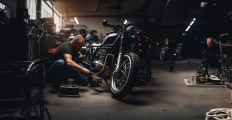 Cercles muraux Moto repair and maintenance of a custom motorcycle in the service, a male master repairs a motorcycle.