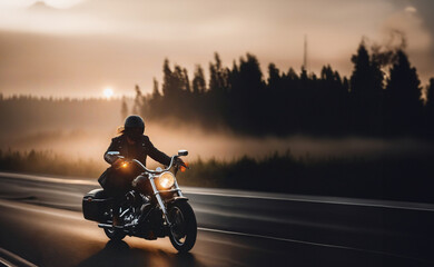 motorcyclist travels at sunset along the road on a chopper.