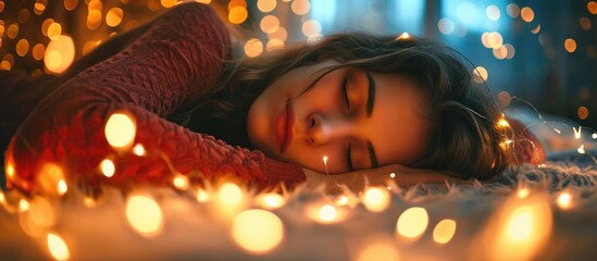 Woman resting on bed, adorned with twinkling lights.