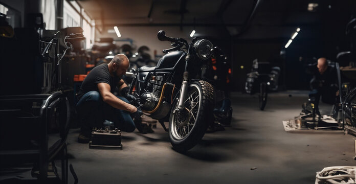 repair and maintenance of a custom motorcycle in the service, a male master repairs a motorcycle.