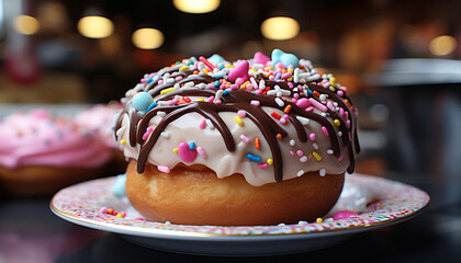 Fototapeta na wymiar Freshly baked donut with colorful icing and candy generated by AI