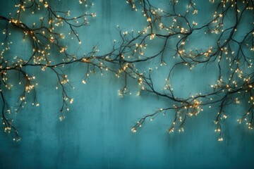 Soft Christmas lights from a garland with Christmas tree branches on an ebony background