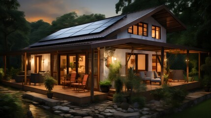 Naklejka premium Harnessing Daylight: Solar Panels on Roof Against Blue Sky