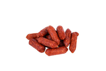 Mini smoked sausages isolated on white background with png.