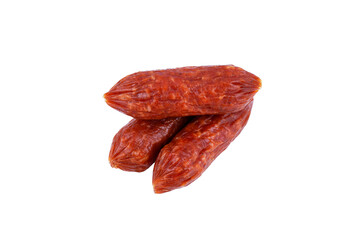 Mini smoked sausages isolated on white background with png.