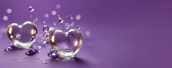Soap bubbles in the form of hearts and particles on a purple background