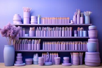Harmonious display of school erasers and highlighters against a soft lavender backdrop