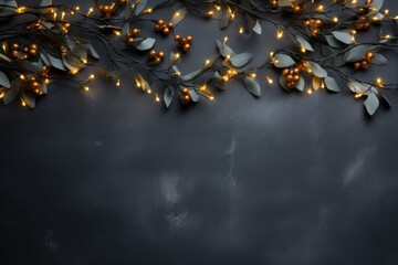 Soft Christmas lights from a garland with Christmas tree branches on a lime background 