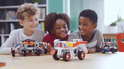 Portrait of happy children playing with toy cars in classroom at school