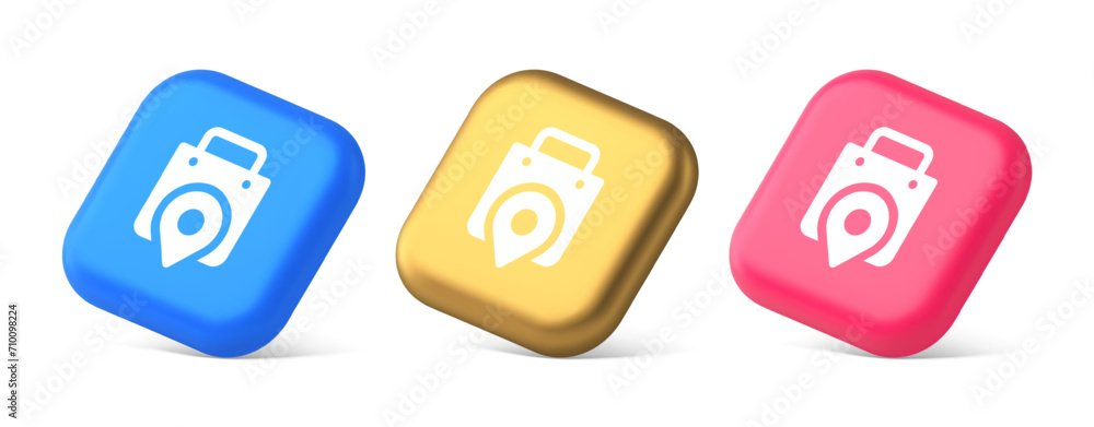 Poster shop location map pin with shopping bag button web app design realistic isometric icon