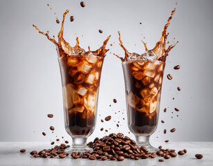 Two glasses of cold coffee drink with ice. Splashes and coffee beans fly around the glasses
