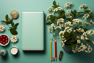 High-quality top view capturing the beauty of school folders and highlighters on a calming mint green background - obrazy, fototapety, plakaty