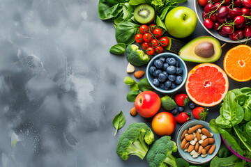 healthy food, detoxification and clean diet, foods high in vitamins, minerals and antioxidants, top view