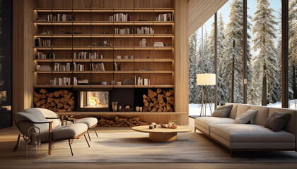 Luxury wooden hotel or house living room interior with sofa and fireplace, shelf partition with books and art decoration. Relax place with panoramic window on forest. 3D rendering