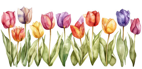 Watercolor illustration of colorful tulips on a transparent background, suitable for spring events like Easter or Valentine's Day.