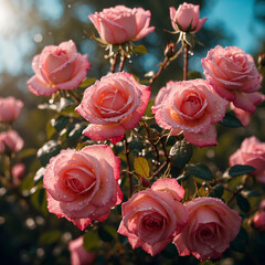 Blooming bush of pink roses covered with drops of dew or rain. Rose bush at dawn.