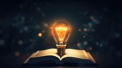 Open book with glowing light bulb on dark background - obrazy, fototapety, plakaty