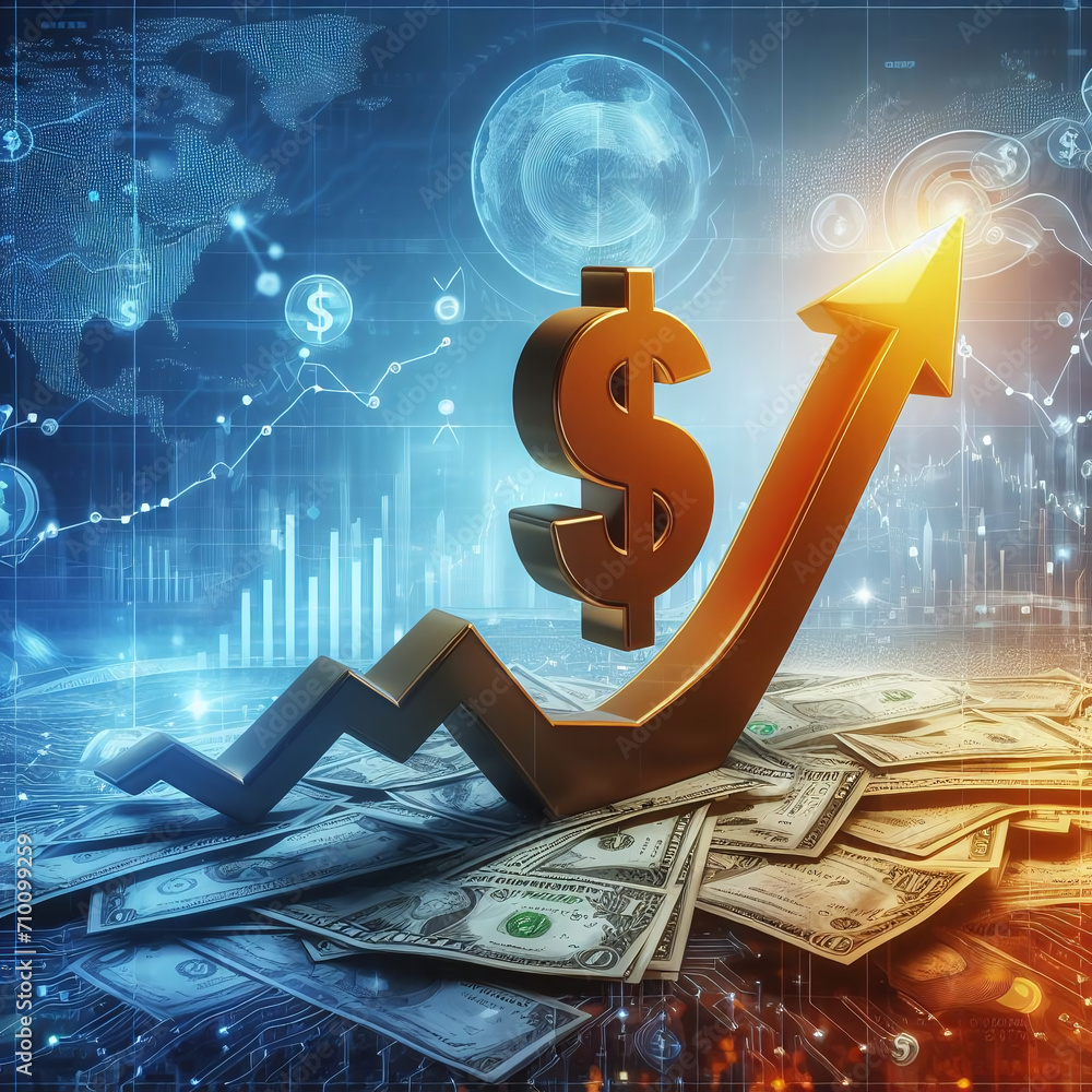 Poster dollar sign on the background of money and charts. 3d rendering