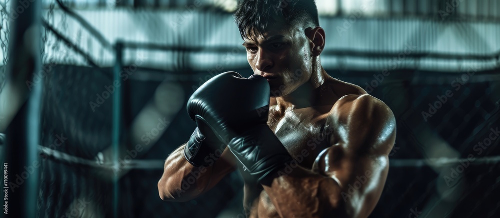 Sticker Male boxer training in a boxing cage with gloves for the upcoming fight.