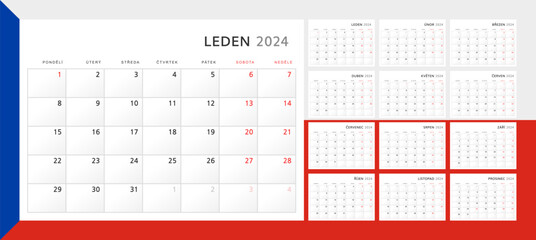 Calendar 2024 in in Czech. Wall quarterly calendar for 2024 in classic minimalist style. Week starts on Monday. Set of 12 months. Corporate Planner Template. A4 format horizontal. Vector graphics