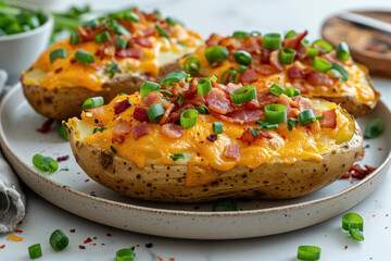 Closeup three baked potatoes topped with bacon, green onions and cheddar cheese on white plate