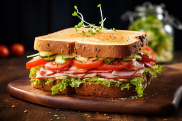 Delicious sandwiches with slices ham, onion, tomatoes, cucumbers, lettuce and sauce on table on wooden cutting board and dark background. Nutritious breakfast or snack