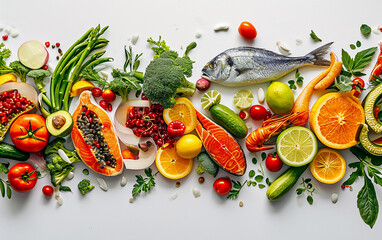 Tendências alimentares do ano novo de 2024. Ano Novo 2024 feito de vegetais, frutas e peixes em fundo branco - obrazy, fototapety, plakaty