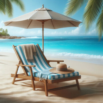 beach chair with hat and towel on the beach. 3d rendering