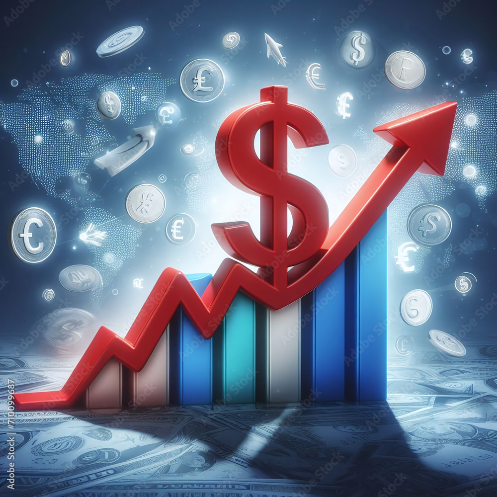 Poster dollar graph with dollar sign on abstract background, 3d render