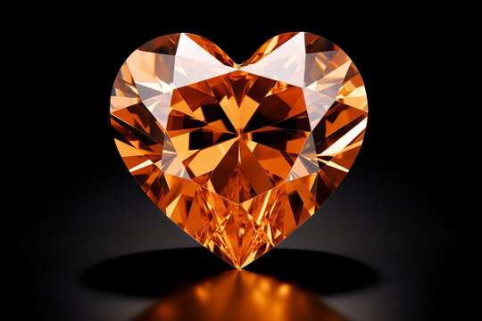 crystal stone orange topaz transparent colorless, form of heart symbol of love on dark background