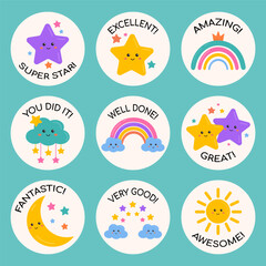 Good job and great job stickers with rainbows, stars, clouds for children. Success, congrats, excellent work labels. School reward, educational, encouragement sign, stamp. Awesome homework, well done.