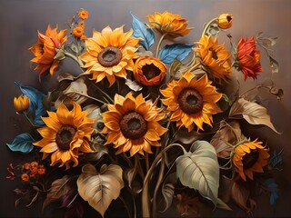 Vibrant oil painting of sunflowers. Brown background. Generative AI