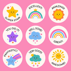 School reward stickers collection, encouragement labels, badges for kids, pupils. Useful for teachers, learning motivation, awesome homework, well done, great job, good job. Rainbow, sunny, clouds.