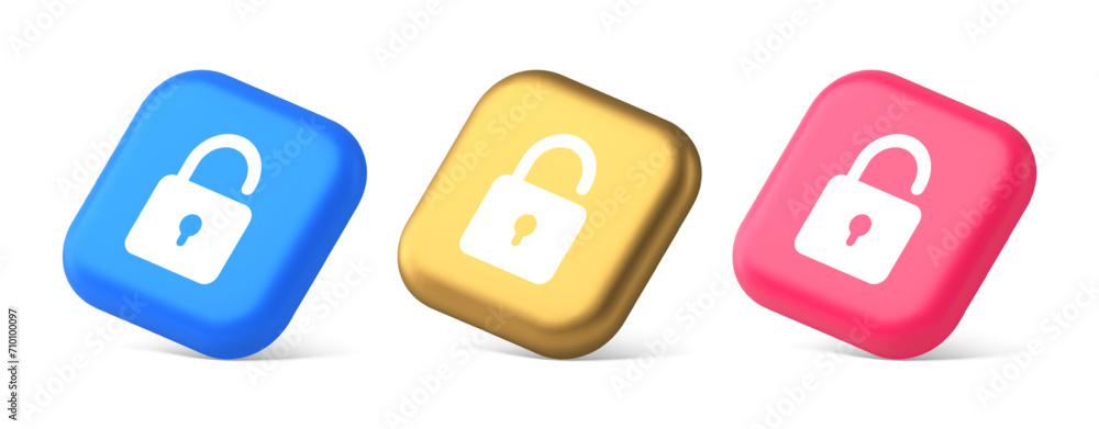Poster open lock button cyberspace password security protection service 3d realistic isometric icon