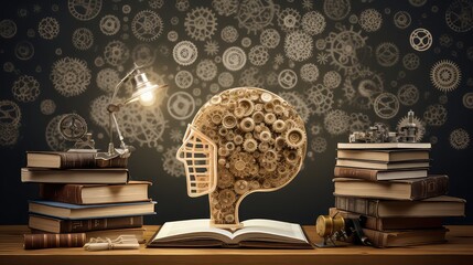 Human brain with gears and cogwheels and books on wooden table