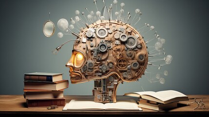 Human brain with gears and cogwheels and books on wooden table