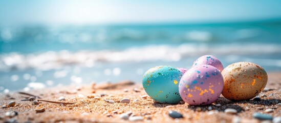 Eggs on a beach during Easter, having a fun and relaxing time.