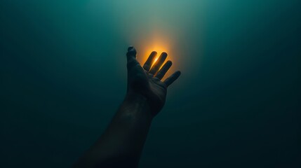 A conceptual photograph of a hand reaching out from the darkness towards a glowing light, symbolizing hope and uncertainty. The minimalistic composition and contrast of warm and cool tones.  