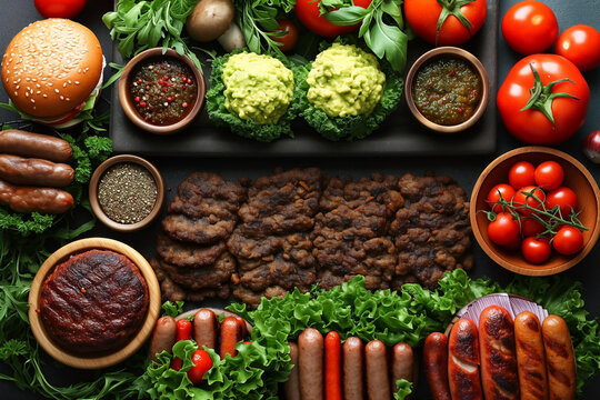 BBQ Food, Hot Dog And Hamburger Buffet, Top View, Dark Slate Background