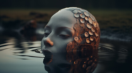 Kopf einer Meerjungfrau ragt halb aus dem Wasser. Ruhige, kühle Atmosphäre. Surreale Illustration - obrazy, fototapety, plakaty