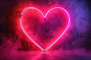 one neon heart is highlighted in hot pink. neon hearts are fixed on the wall with a rough texture.
