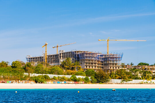 View of the beach in Nungwi village. Zanzibar, Tanzania. Hotel construction