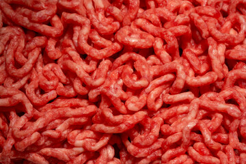 Raw minced beef close-up, top view.