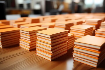 High-resolution shot of neatly arranged school notepads with a gradient orange surface - obrazy, fototapety, plakaty
