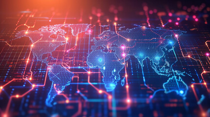 Fototapeta premium World map on digital tech background.