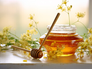 a jar of honey next to a stick - obrazy, fototapety, plakaty