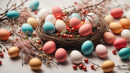 Colorful easter eggs in nest. Happy Easter concept - Powered by Adobe